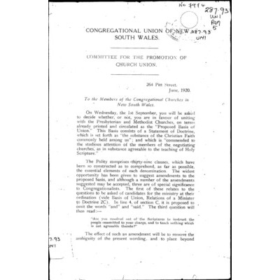 Congregational Union of New South Wales / Committee for the Promotion of Church Union (1920)