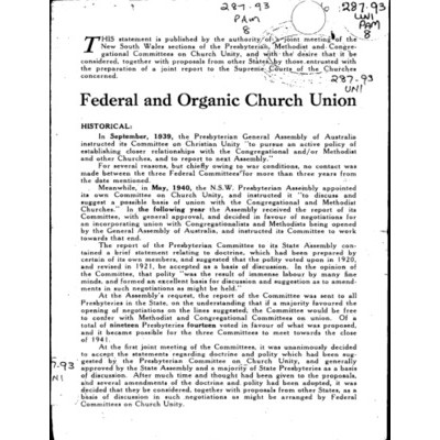 Federal and organic church union / Joint meeting of NSW Presbyterian, Methodist and Congregational Committees on Church Union (1944)