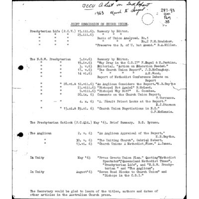 Joint Commission on Church Union (list of articles published in church magazines – 1963)