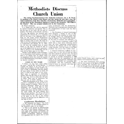 Methodists discuss church union (photocopied newsclipping from unknown newspaper-date unknown)