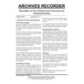 Archives Recorder April 2009 (Newsletter of the Uniting Church Records & Historical Society)