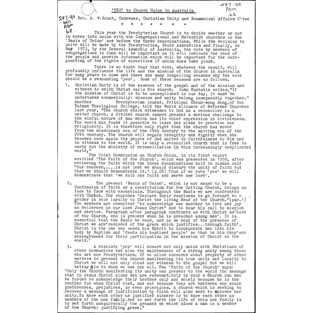 'YES' to church union in Australia / Rev. A.W. Grant