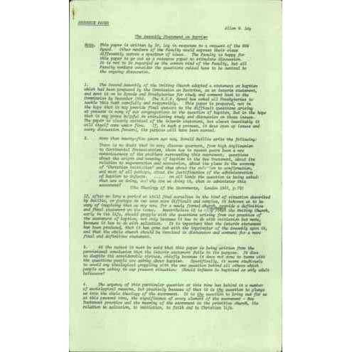 Assembly Statement on Baptism : Resource Paper / Allan W. Loy.