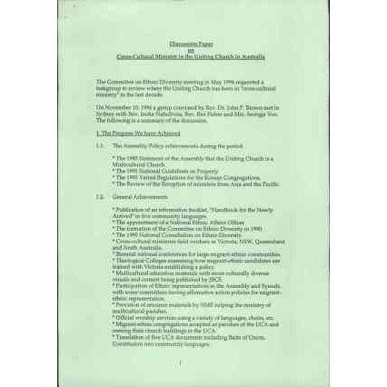 Discussion Paper on Cross-cultural|Multicultural Ministry in the Uniting Church in Australia / Rev. Dr. John P. Brown,