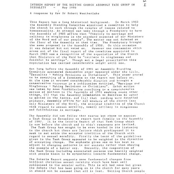 Interim Report of the Uniting Church Assembly Task Group on Sexuality : A Response / Robert Weatherlake