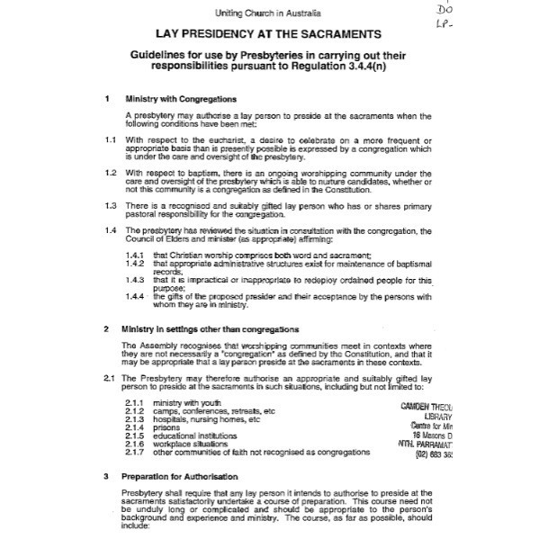 Lay Presidency at the Sacraments : The Nature of the Task